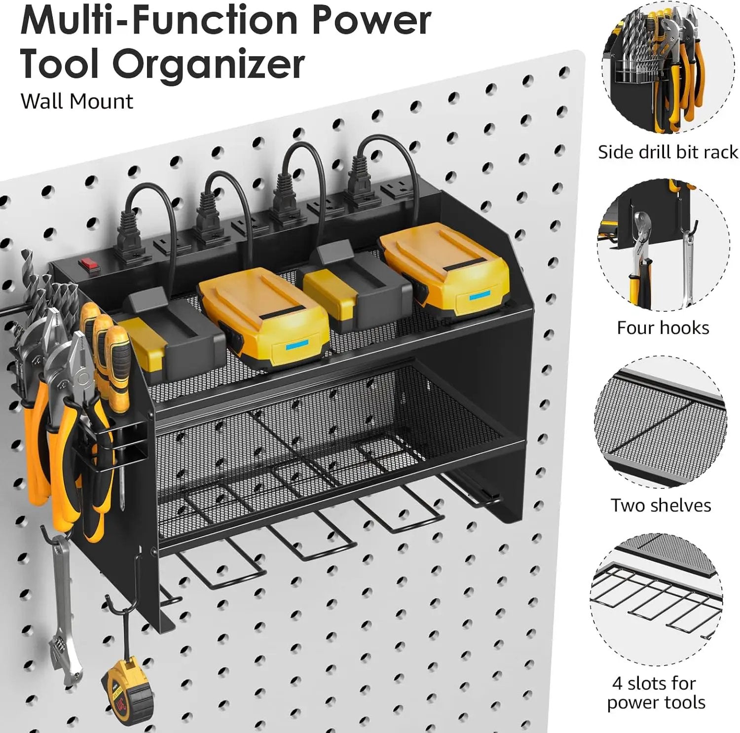 CCCEI Modular Power Tool Organizer Wall Mount with Charging Station. Garage 4 Drill Storage Shelf with Hooks, Screwdriver, Drill Bit Heavy Duty Rack, Tool Battery Holder Built in 8 Outlet Power Strip. by GreenHaven Gardens