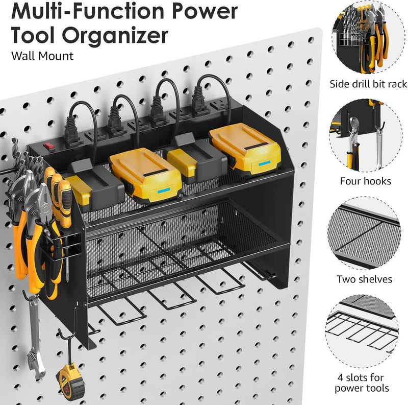 CCCEI Modular Power Tool Organizer Wall Mount with Charging Station. Garage 4 Drill Storage Shelf with Hooks, Screwdriver, Drill Bit Heavy Duty Rack, Tool Battery Holder Built in 8 Outlet Power Strip. by GreenHaven Gardens