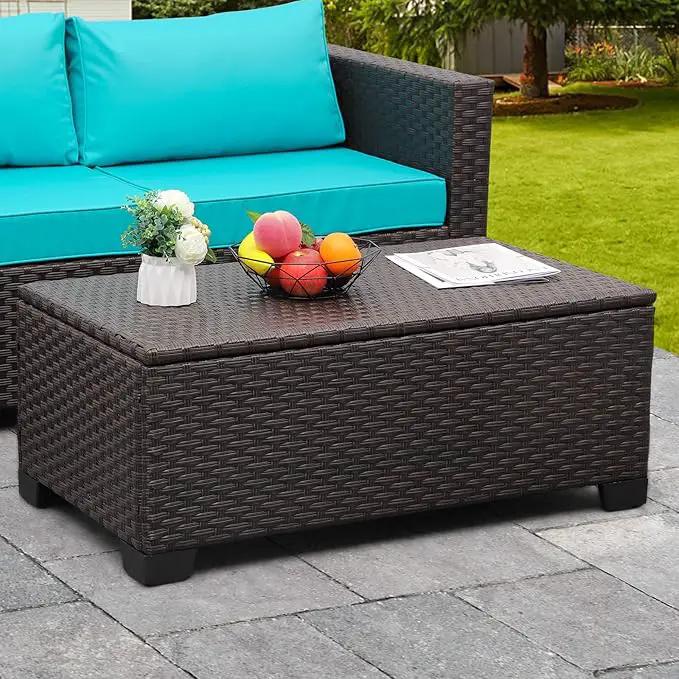 Rattaner Outdoor Storage Table Wicker Patio Coffee Table All-Weather Wicker Side Table with Waterproof Cover, Brown by GreenHaven Gardens