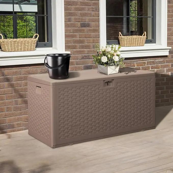 Premium Pro Edition 73 Gallon Lockable Resin Deck Box, Waterproof & UV-Resistant Outdoor Storage Box for Outdoor Cushion Storage, Garden Tools & Pool Accessories Storage, Brown by GreenHaven Gardens