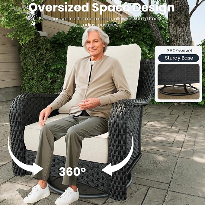 3 Pieces Outdoor Patio Furniture Sets with Rocking Swivel Chairs with 6-inch Thick Cushion and Side Table for Deck Lawn by GreenHaven Gardens