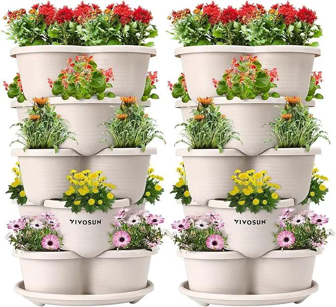VIVOSUN 2-Pack 5 Tier Vertical Gardening Stackable Planter for Strawberries, Flowers, Herbs, Vegetables, Ivory by GreenHaven Gardens
