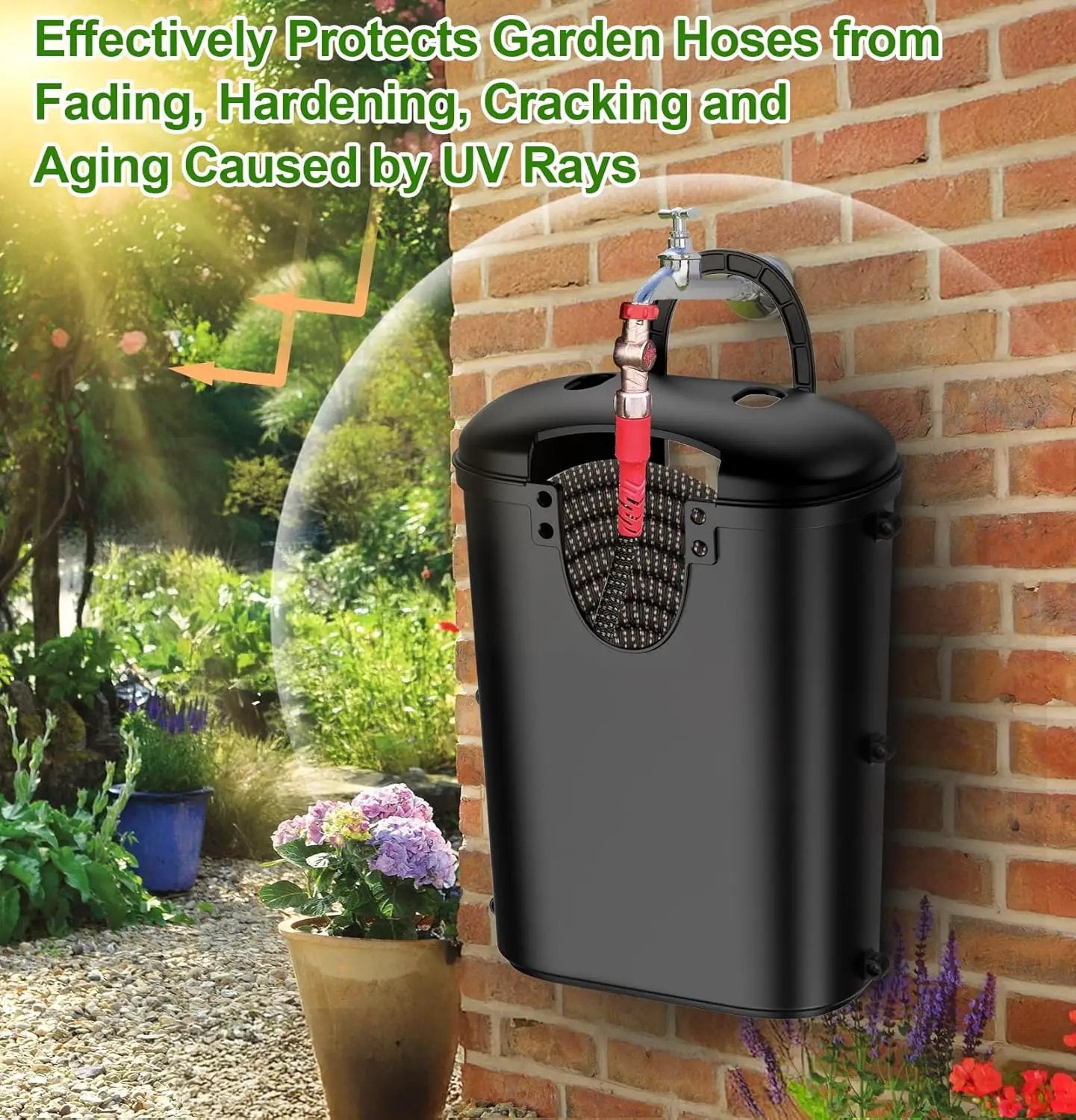 Riokko Garden Hose Holder Bucket, Hose Storage, Water Hose Storage for Outside, Hose Box Fits 25FT Heavy Duty/100FT Expandable/50FT Flat/50FT Stainless Steel Hoses, Hanging Handle & Drain Hole Design by GreenHaven Gardens