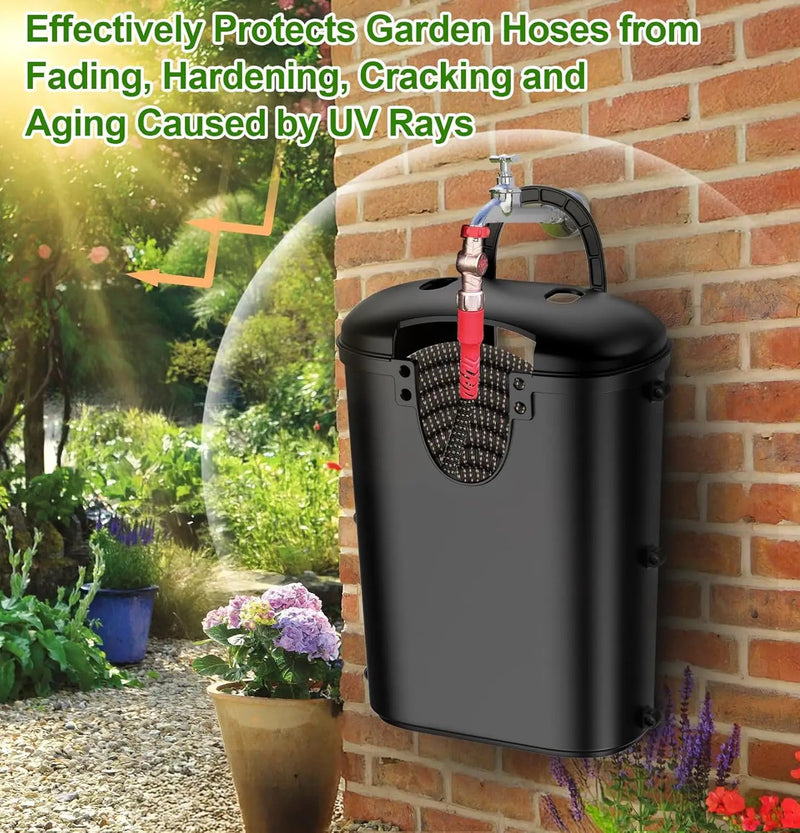 Riokko Garden Hose Holder Bucket, Hose Storage, Water Hose Storage for Outside, Hose Box Fits 25FT Heavy Duty/100FT Expandable/50FT Flat/50FT Stainless Steel Hoses, Hanging Handle & Drain Hole Design by GreenHaven Gardens
