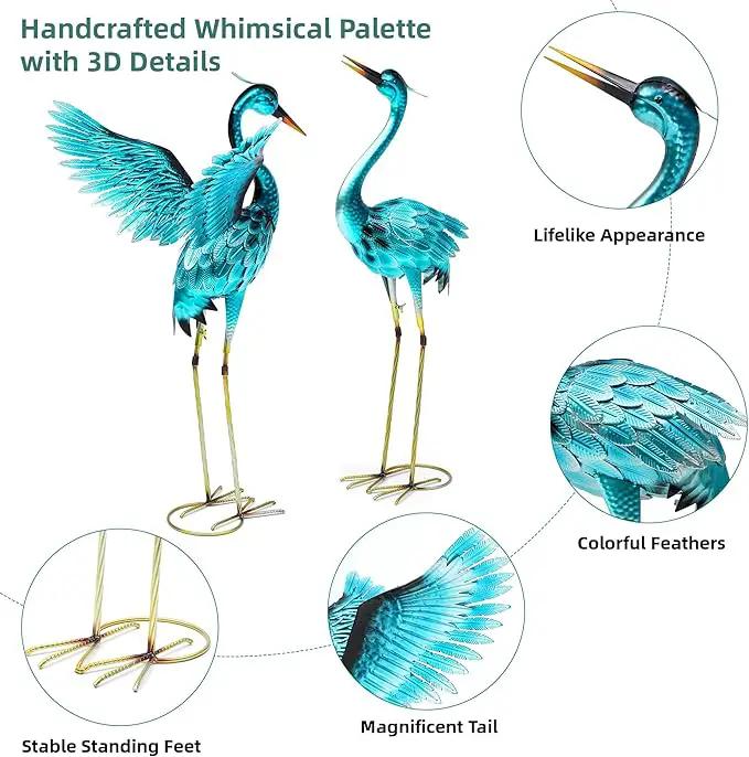 36.75" Metal Crane Garden Statue - Handmade Oversize Heron Sculptures with Stable Ground Stakes, Backyard Large Bird Decoration, Metal Garden Art. by GreenHaven Gardens