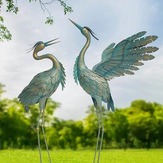 Crane Statues for Outdoor, Metal Heron Garden Statues Bird Yard Art, Standing Sculptures for Yard Lawn Pond Garden Decor, 38-42 Inch Set of 2, Cyan by GreenHaven Gardens