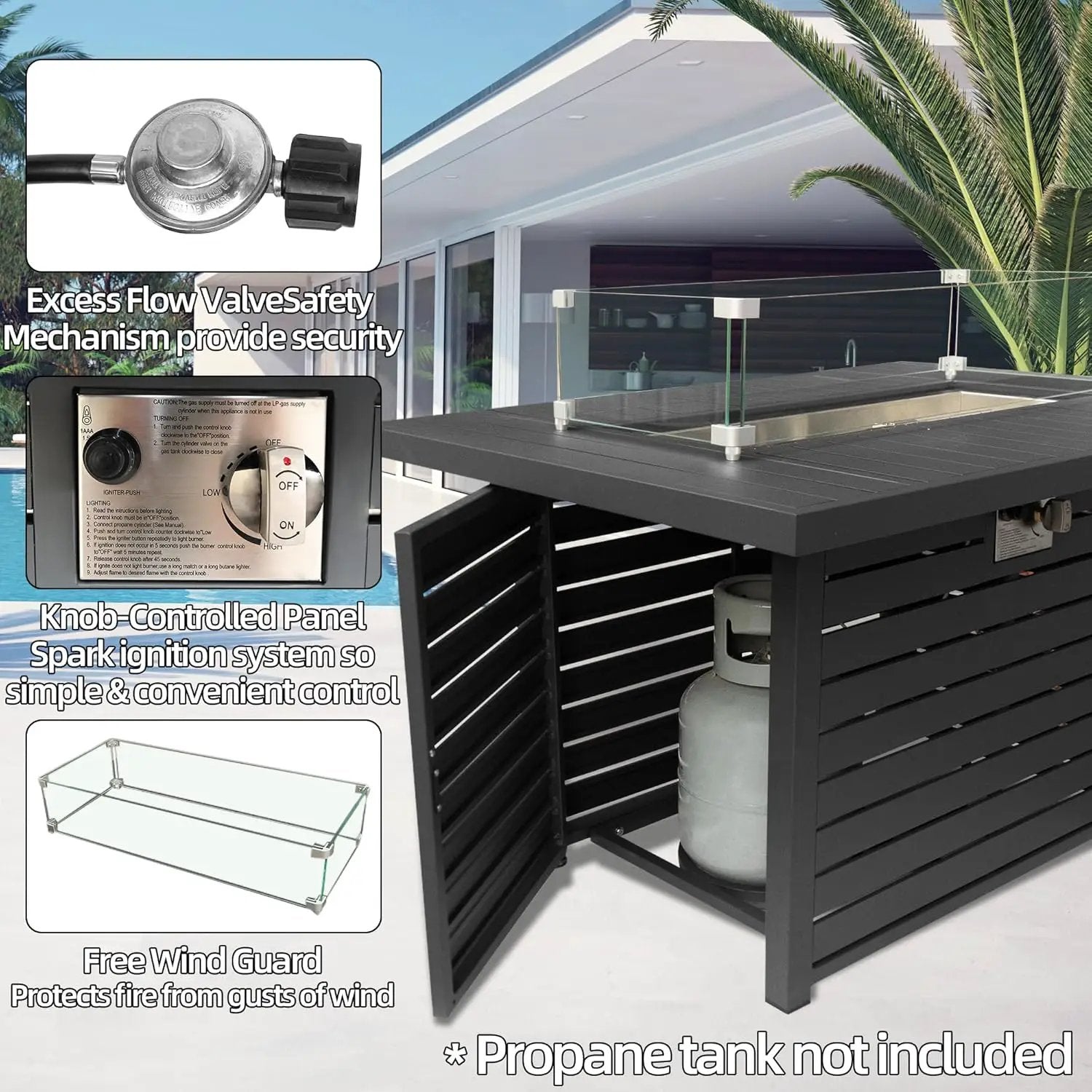 43.3 inch Outdoor Propane Fire Pit 2 in 1 Firepit Table Gas Fire Pit Table with Lid, Glass Wind Guard Rectangle Gas Firepit Table for Garden/Patio, CSA Certification (Dark Grey) by GreenHaven Gardens