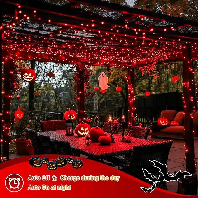 JMEXSUSS 66ft 200 LED Red Solar Halloween Lights, 2 Pack Solar Fairy Lights Outdoor Waterproof, 8 Modes Solar String Lights for Outside Garden Christmas Tree Party Halloween Decorations by GreenHaven Gardens