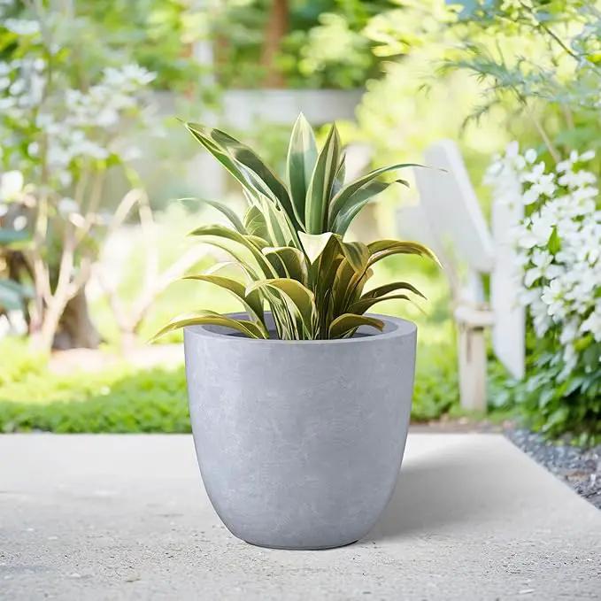 Kante 10 Inch Dia Round Concrete Planter, Indoor Outdoor Large Plant Pot with Drainage Hole and Rubber Plug for Home Patio Garden, Gray by GreenHaven Gardens