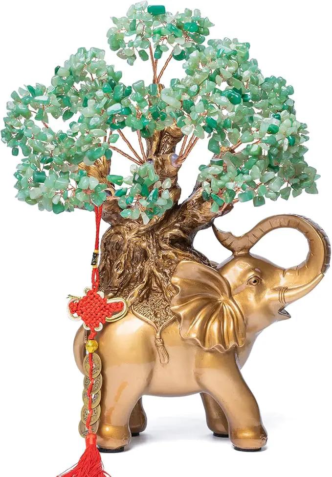 Green Aventurine Crystal Money Tree on Gold Elephant Statue, 17”Large Gemstone Bonsai Tree of Life Home Décor Gifts for Wealth Positive Energy, Feng Shui Décor by GreenHaven Gardens