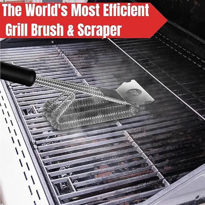 KITCHEN PERFECTION Safe Wire Grill Brush for Outdoor Grill w/Grill Scraper & Grill Mat Grill Cleaning Kit -Extended Handle BBQ Brush for Effortless Grill Cleaning Grill Cleaner Brush Barbecue Tools by GreenHaven Gardens