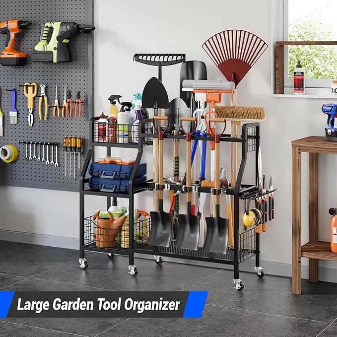 keomaisyto Garden Tool Organizer with 6 Wheels(3 lockable), Heavy Duty Yard Tool organizer with 2 Basket, Large Metal Garage Tool Organization and Storage for Garage/Shed/Yard/Broom Closet/Lawn by GreenHaven Gardens