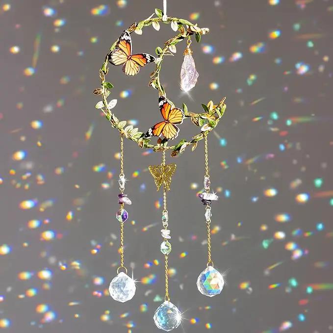 Crystal Suncatcher for Windows - Moon Shaped with Enchanting Butterfly Design - Sun Catchers Indoor Window - Hanging Crystal Wind Chimes, Rainbow Maker Gifts, Prism Suncatcher, Window Decor by GreenHaven Gardens