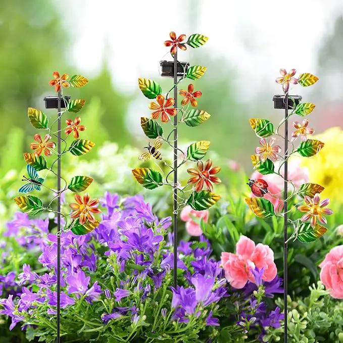 3 Pack Solar Garden Lights, Flower & Insect Metal Solar Stake Light, 23" H Outdoor Statues Figurine Lights for Garden Lawn Patio Yard Decoration by GreenHaven Gardens
