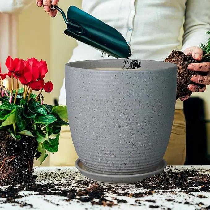 12 Inch Plant Pot, Ceramic Planter Pot with Drainage Hole and Saucer Round Large Flower Pot for Indoor Plants, Light Gray by GreenHaven Gardens