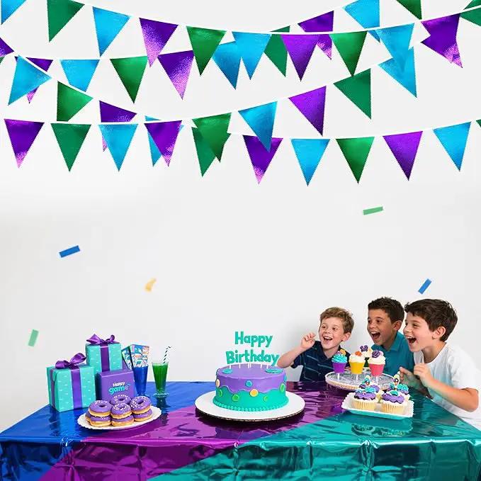 Blue Green Purple Party Decorations Metallic Fabric Triangle Pennant Banner Flag Bunting for Men Boys Video Game Theme Birthday Graduations Retirement Wedding Bachelor Baby Shower Party Supplies by GreenHaven Gardens