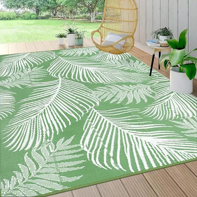 Pauwer Waterproof Outdoor Rug 9x12, Reversible Plastic Straw Patio Camping Rug, Indoor Outdoor RV Mat Carpet for Deck, Camper, Porch, Balcony, Backyard, Picnic, Leaf Green by GreenHaven Gardens