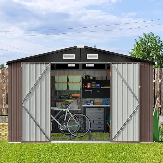 Aoxun 9.4x7.3x6.5 FT Outdoor Storage Shed, Garbage Can, Outdoor Metal Shed for Tool, Garden, Bike, Placed in Patio, Garden Brown Base Included by GreenHaven Gardens
