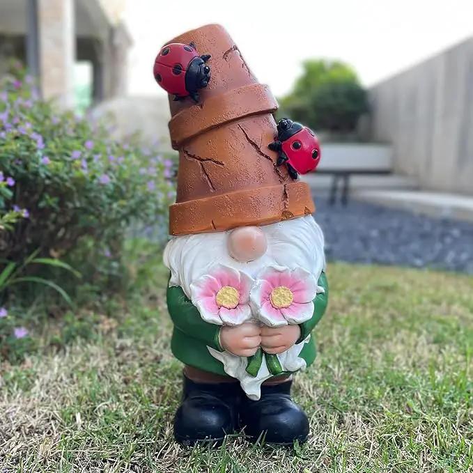 Garden Gnome Statues Outdoor Decor, Solar Gnomes with LED Lighted Flowers, Solar Resin Garden Outdoor Statue Sculpture, for Woman Gift Home and Garden Decor by GreenHaven Gardens