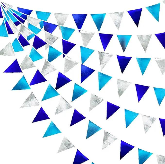 Navy Blue Silver Party Decorations Metallic Fabric Triangle Pennant Banner Flag Bunting Garland for Graduation Birthday Retirement Wedding Bachelorette Nautical Ahoy Achor Outdoor Party Supplies by GreenHaven Gardens