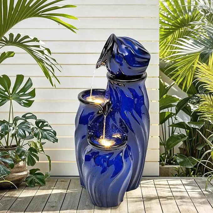 29" Tall Ceramic Water Fountain Outdoor with LED Lights, 4-Tier Cascading Waterfall Garden Fountain, Ideal for Serene Relaxing Patio, Yard or Porch, Cobalt Blue Glaze, Dynamic Wave-Texture by GreenHaven Gardens
