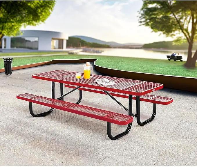 Global Industrial 8’L Rectangular Picnic Table, Expanded Metal, Red Thermoplastic Coating, Attached Benches, 1-1/2” Umbrella Pole Hole, Outdoor-Rated, 1000 lb Capacity, 96” x 30” Tabletop by GreenHaven Gardens
