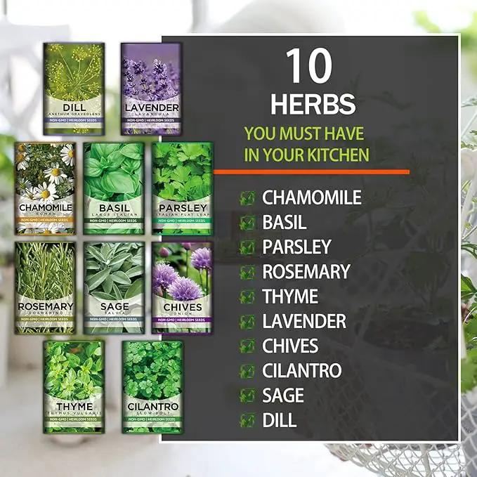 10 Kit Non-GMO Growing into Thyme, Lavender, Chamomile, Dill, Chives, Cilantro, Rosemary, Basil, Parsley, Sage Indoor/Outdoor for Kitchen Windowsill Gardening Gift by GreenHaven Gardens