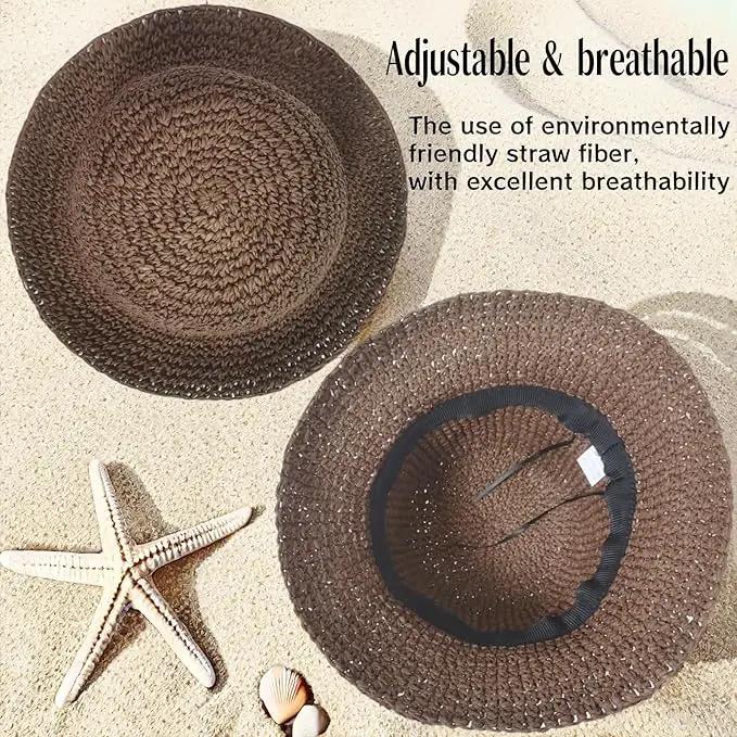 Womens Straw Beach Sun Hats, Foldable Packable Floppy Handmade Crochet Hats for Women,Large Summer Vacation Wide Brim Hat by GreenHaven Gardens