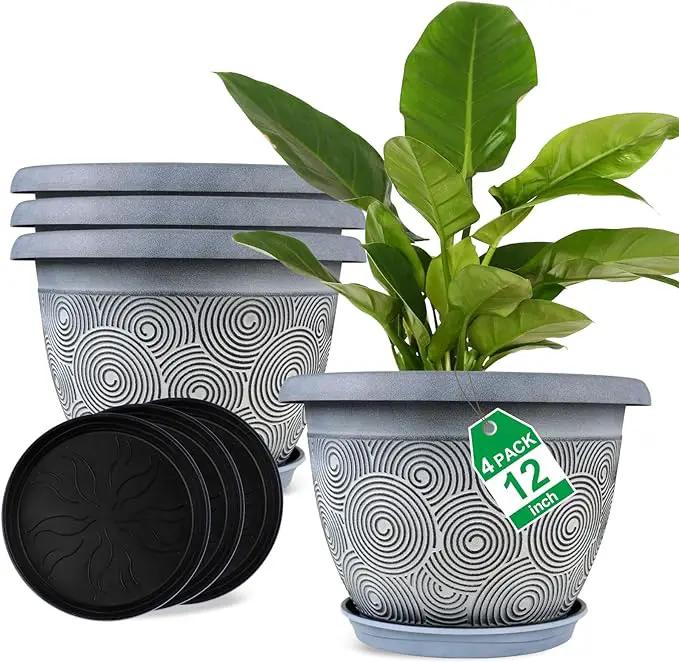 12 Inch Large Planter Pot for Plants Indoor Outdoor, 4 Pack Plastic Flower Pots with Drainage Hole & Tray, Modern Decorative Garden Pot with Saucer, Plant Container for House by GreenHaven Gardens