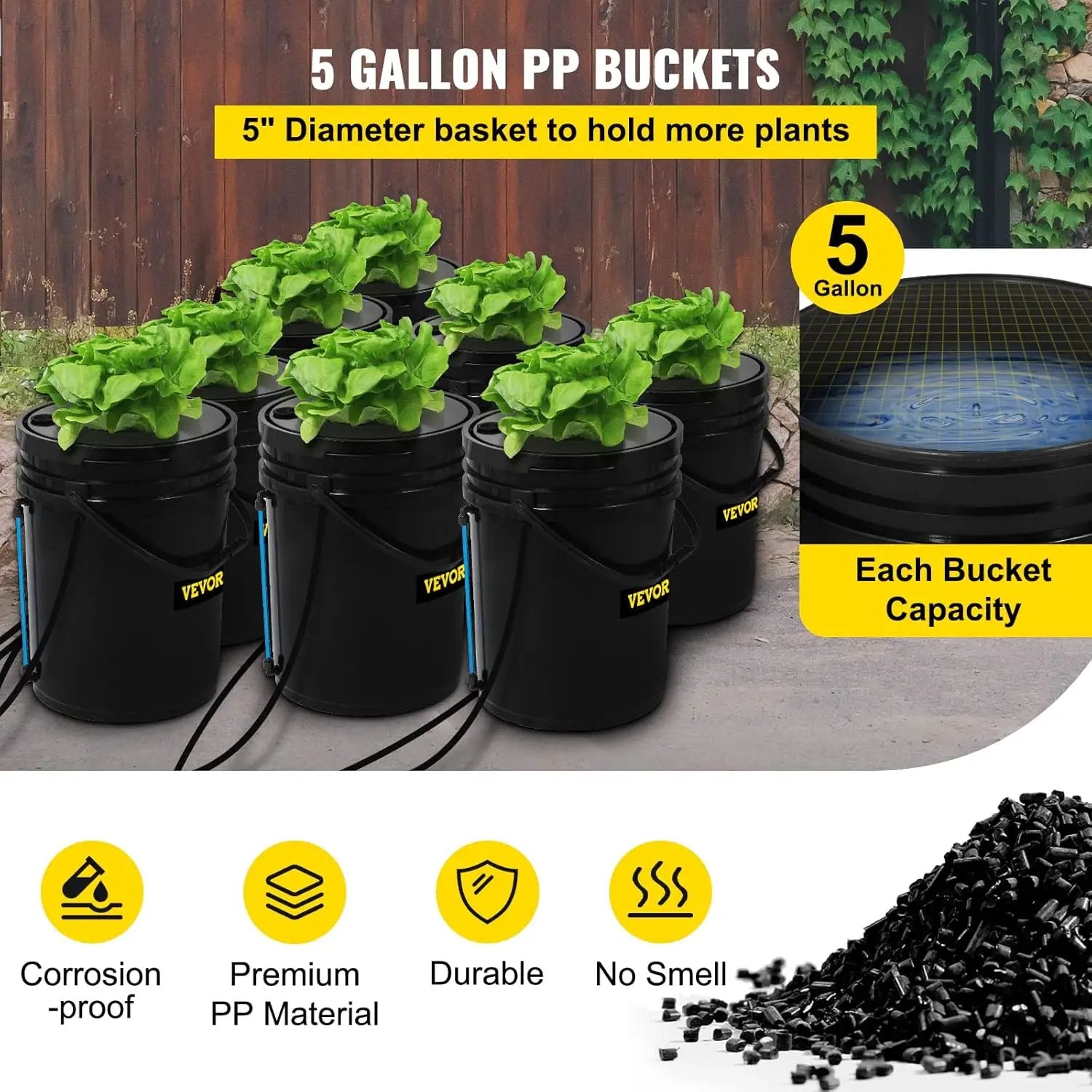 VEVOR DWC Hydroponic System, 5 Gallon 8 Buckets, Deep Water Culture Growing Bucket, Hydroponics Grow Kit with Pump, Air Stone and Water Level Device, for Indoor/Outdoor Leafy Vegetables by GreenHaven Gardens
