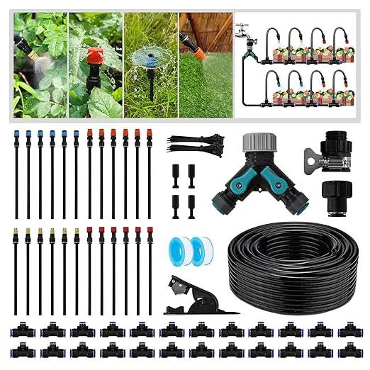Garden Drip Irrigation Kit, 100ft Black Hose, 360° Pure Copper Closeable Nozzle, Patio Misting Plant Watering Sprinkler, Faucet Separator, Sprinkler Hose Adapter (24 360° nozzles + 24 T-connectors) by GreenHaven Gardens