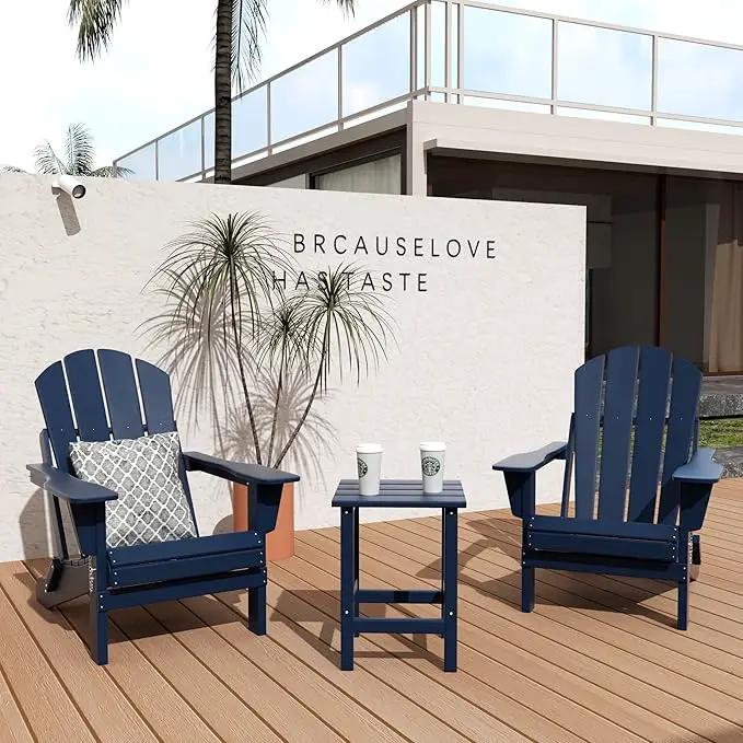 WO Home Furniture Adirondack Chairs Table Set of 3 PCS Outdoor Folding Chairs Side End Table Weather/UV Resistant for Lawn, Garden, Bon Fire, Balcony (Navy Blue) by GreenHaven Gardens