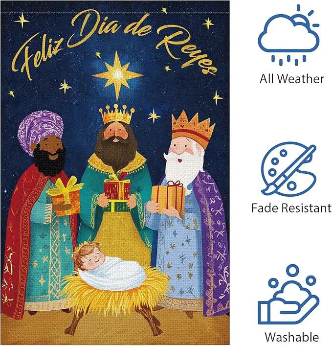 Heyfibro Feliz Dia De Reyes Garden Flag Three Kings Christmas Flags 12 x 18 Inch Double Sided Burlap,Nativity Christ Yard Banner for Xmas Winter Farmhouse Seasonal Decor(ONLY FLAG) by GreenHaven Gardens