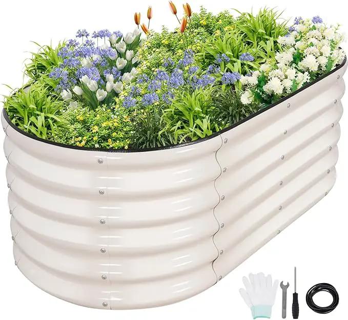 Galvanized Raised Garden Bed - 4x2x1.4FT Metal Planter Boxes Outdoor | Oval Steel Raised Bed Kit for Gardening with Protective Tape, Gloves for Vegetables, Flower, Herb (White) by GreenHaven Gardens