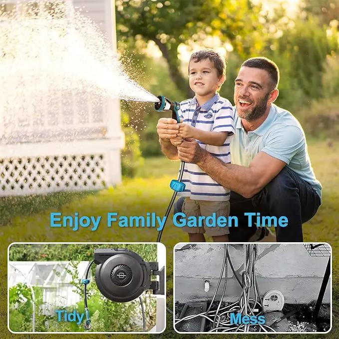 Retractable Garden Hose Reel - 5/8 inch x 60 ft Wall Mounted Hose Reel with 10 Pattern Nozzle & Any Length Lock, Heavy Duty Water Hose Supports Automatic Rewind & 180° Swivel, Black by GreenHaven Gardens
