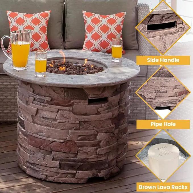 COSIEST Outdoor Propane Concrete Fire Pit Table w Imitation Stone Surface 32-inch Round Fire Table, CSA Certified, 40,000 BTU Stainless Steel Burner, Free Lava Rocks, Fits 20lb Tank Inside by GreenHaven Gardens