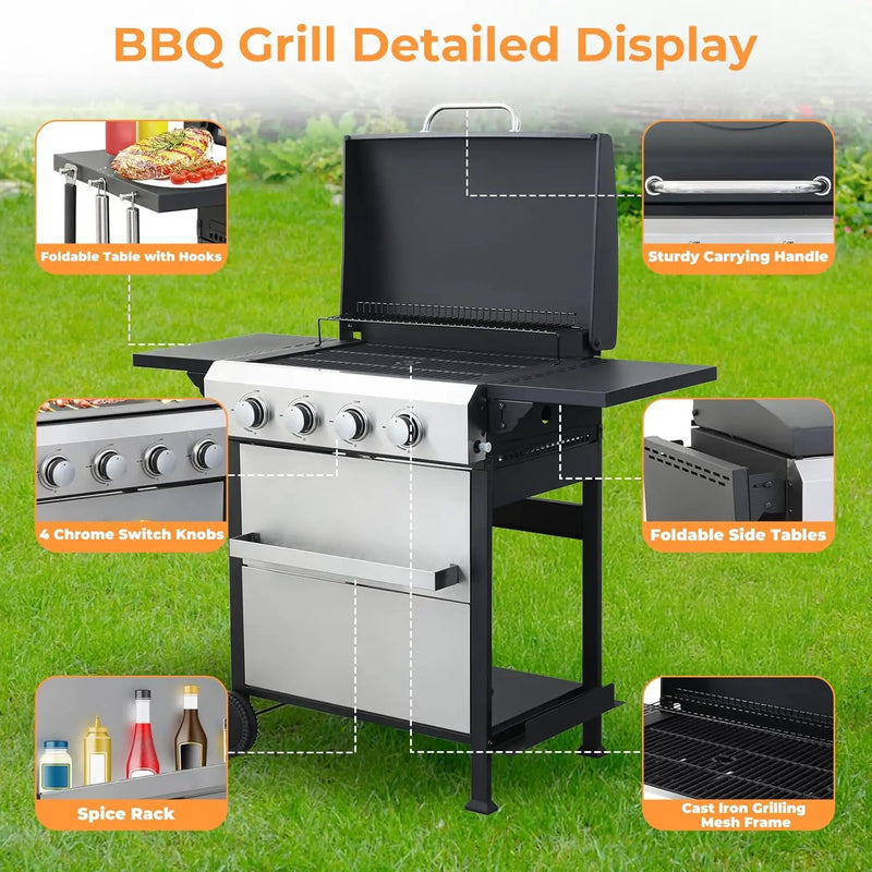 4 Burner Propane Grill with Built-in Thermometer, Durable Lid, Wheels, Foldable Side Tables, Stainless Steel Grilling Pan, 49,200 BTU Gas Grill for Patio, Garden Barbecues by GreenHaven Gardens
