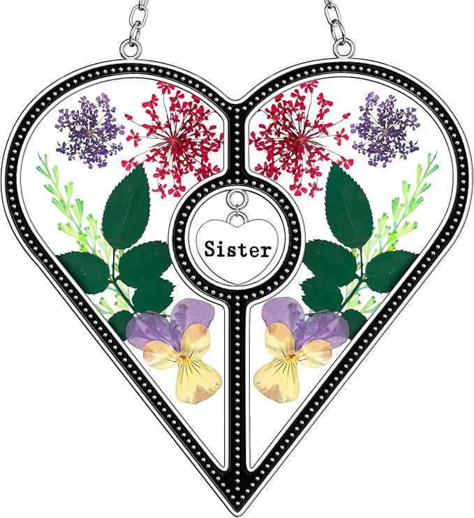 KY&BOSAM Heart Suncatcher Sister Stained Glass for windsows Hanging Wind Chimes with Pressed Real Flower Heart in Glass with Metal Trim Heart Charm Birthday Gift for Sister Mothers Day Christmas Decor by GreenHaven Gardens