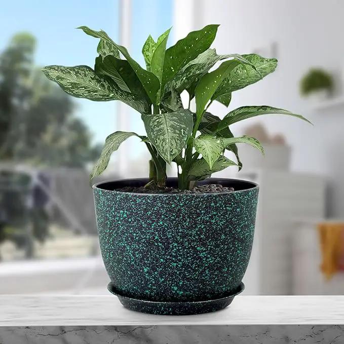 12 inch Large Plant Pots, Plastic Planters with Drainage Holes and Saucers, Flower Pots for Indoor Outdoor Plants, Decorative Pots for Garden House Plants, Black with Green Speckles by GreenHaven Gardens