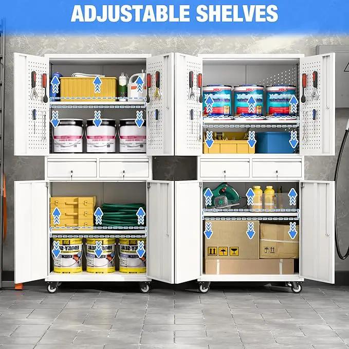 Metal Garage Storage Cabinet with Locking Doors and 2 Adjustable Shelves, Rolling Tool Storage Cabinet with 4 Wheels and 2 Drawer for Garage, Warehouse, White, Assembly Required by GreenHaven Gardens