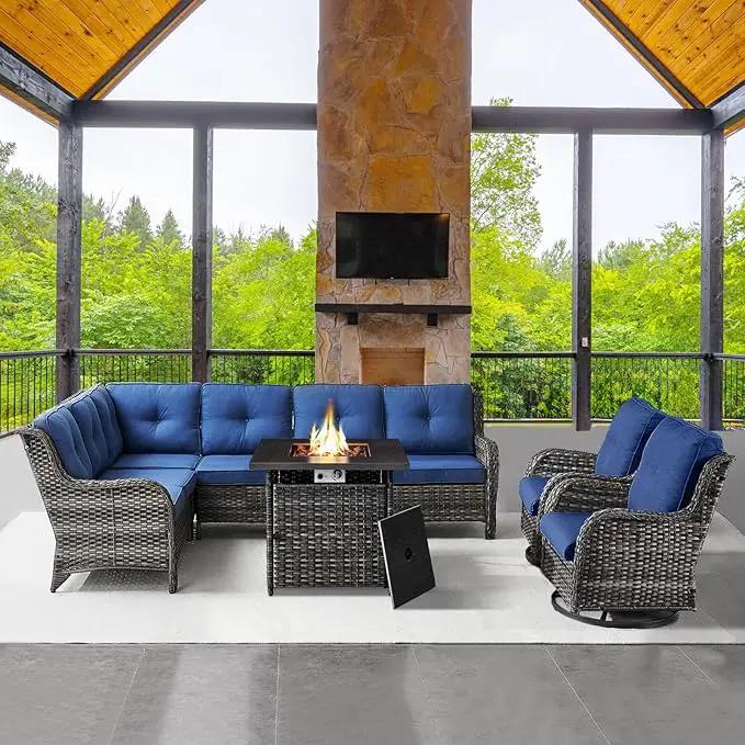 Outdoor Sectional Furniture Sofa Set with Propane Fire Pit Table, Wicker Patio Conversation Set with 2 Swivel Rocker Glider Chairs Blue Cushion Perfect for Backyard Casual Gathering by GreenHaven Gardens