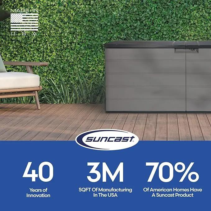 Suncast 120-Gal. All-Weather Patio Deck Box with Pad-Lockable Split Top Lid, Extra-Large Outdoor Storage Unit for Patio Furniture and Grill Tools, Made in the USA by GreenHaven Gardens
