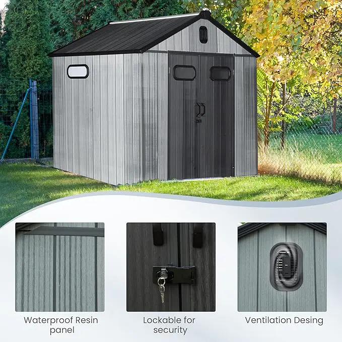 Domi 8x8 FT Outdoor Resin Storage Shed, All-Weather Double-Wall Storage Building for Backyard, Garden, Lawn Tools, Mower, Bike & Pool Equipment, Lockable Doors, Ventilated Roof, Grey by GreenHaven Gardens
