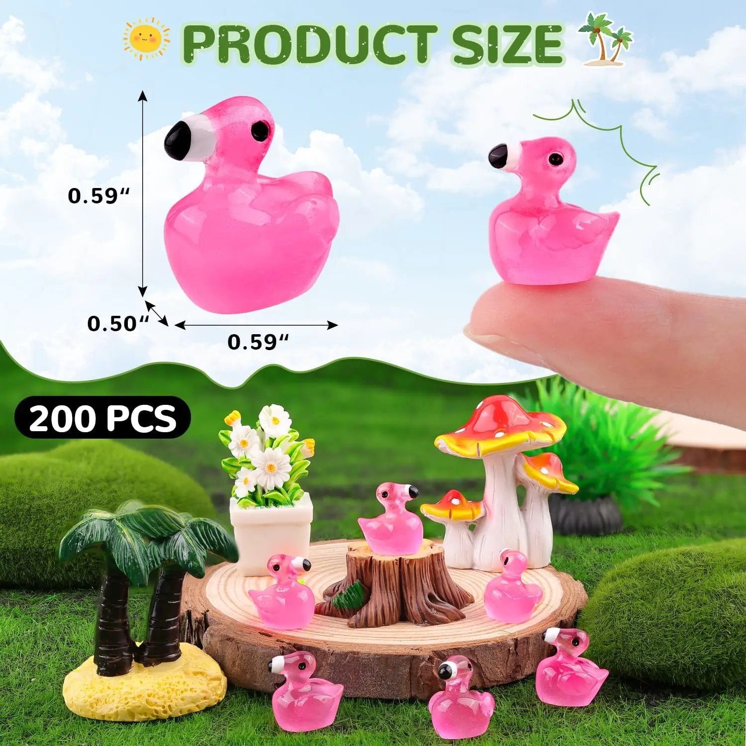 200PCS Mini Resin Animals Cute Rose Pink Tiny Flamingo Ducks Glow in Dark, Miniature Figures to Hide, Small Animal Toys Accessories Bulk for Topper Garden Dollhouse Ornaments DIY Crafts & Decor by GreenHaven Gardens