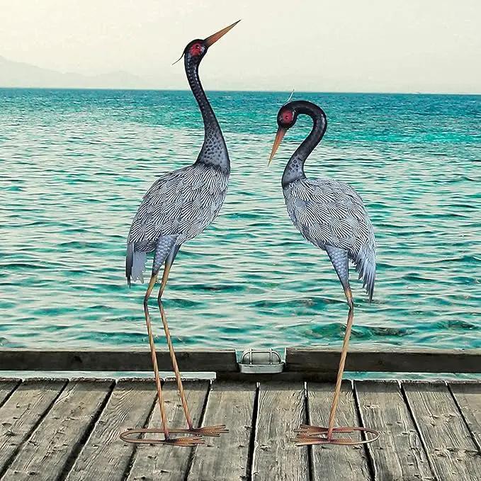 Crane Statue Garden Décor, Metal Heron Statue Yard Art for Outdoor Patio Lawn Backyard Pool Front Porch Deocr, Bird Garden Sculpture & Statues, Set of 2, Black and White by GreenHaven Gardens