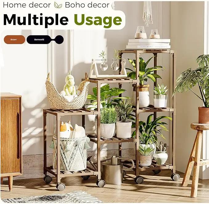 Bamworld Plant Stand with Wheels for Indoor Plants Wood Outdoor Tiered Shelf 3 Tire 7 Potted Ladder Plant Holder Table Pot Stand for Window Garden Balcony Patio Living Room (natureDL) by GreenHaven Gardens