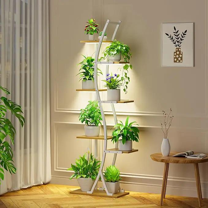 62" Tall Plant Stand with Grow Light Indoor, 7 Tiered White Plant Shelf for Indoor Plants, Curved Corner Flower Stand Display Rack Holder for Living Room, Patio, Balcony Decor by GreenHaven Gardens