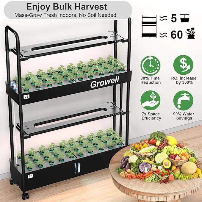 Growell Large Hydroponics Growing System Kit, 60 Pods Vertical Hydroponic Garden with 2 Light Modes Grow Light, Auto Circulating Water System, 32L Indoor Gardening System for Herb Vegetable Fruit by GreenHaven Gardens