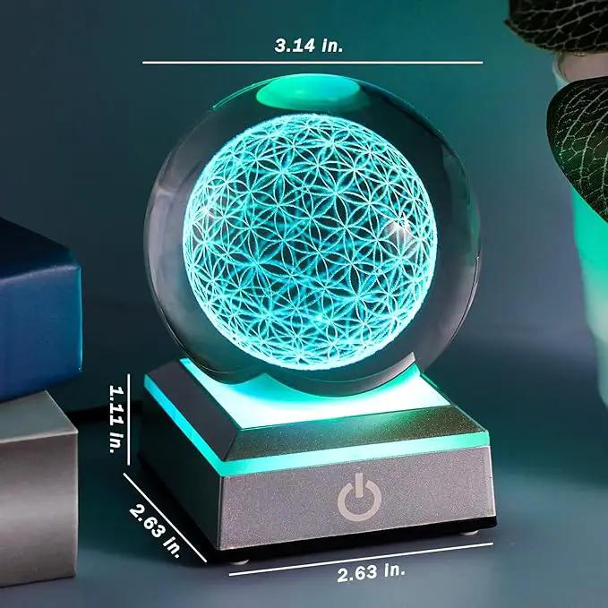 Qianwei Flower of Life Crystal Sphere with Led Colorful Lighting Touch Base, Sacred Geometry Crystal Ball Starlight Magic, Feng Shui Decor Laser Engraved Seek of Flower Inside A Sphere by GreenHaven Gardens