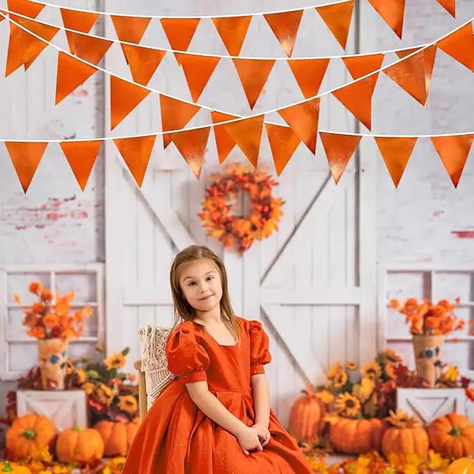 Orange Party Decorations Metallic Fabric Triangle Pennant Banner Flag Bunting Garland for Fall Autumn Thanksgiving Graduation Birthday Wedding Bridal Shower Baby Shower Anniversary Party Supplies by GreenHaven Gardens